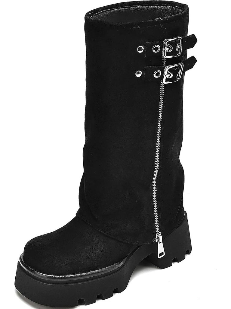 Women's Black Suede Chunky Platform Moto Riding Boots Slouchy Fold Over